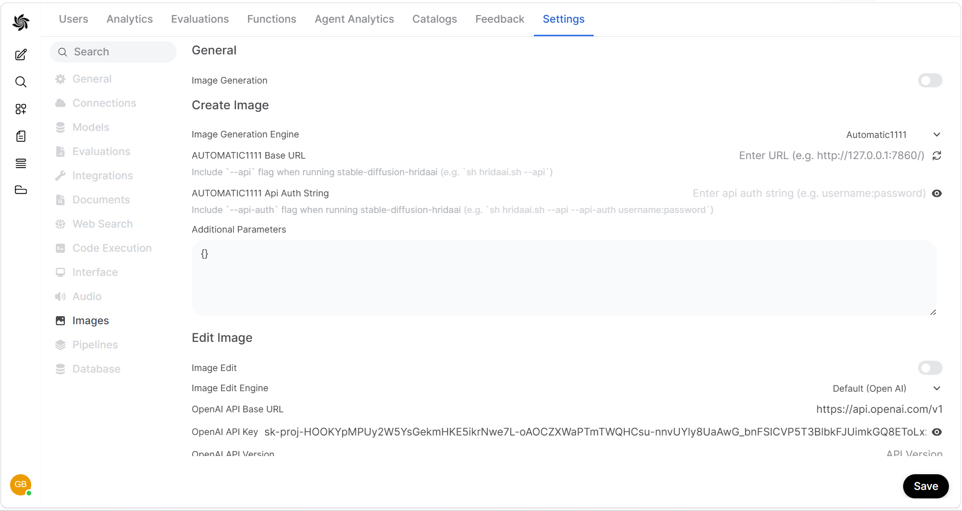 Screenshot of the HridaAI Images settings page with Default (Automatic1111) selected and the API URL field highlighted.