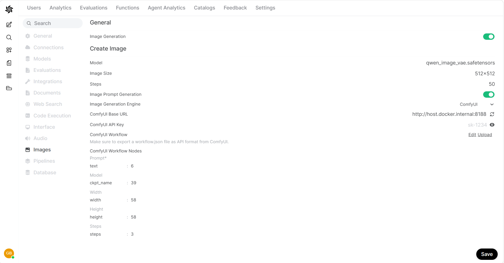 Screenshot of the HridaAI Images settings page with ComfyUI selected for image generation.