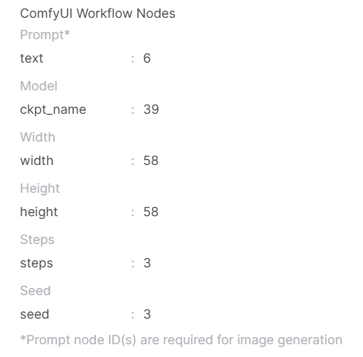 Screenshot of the ComfyUI Workflow Nodes section in HridaAI, showing the mapping fields.