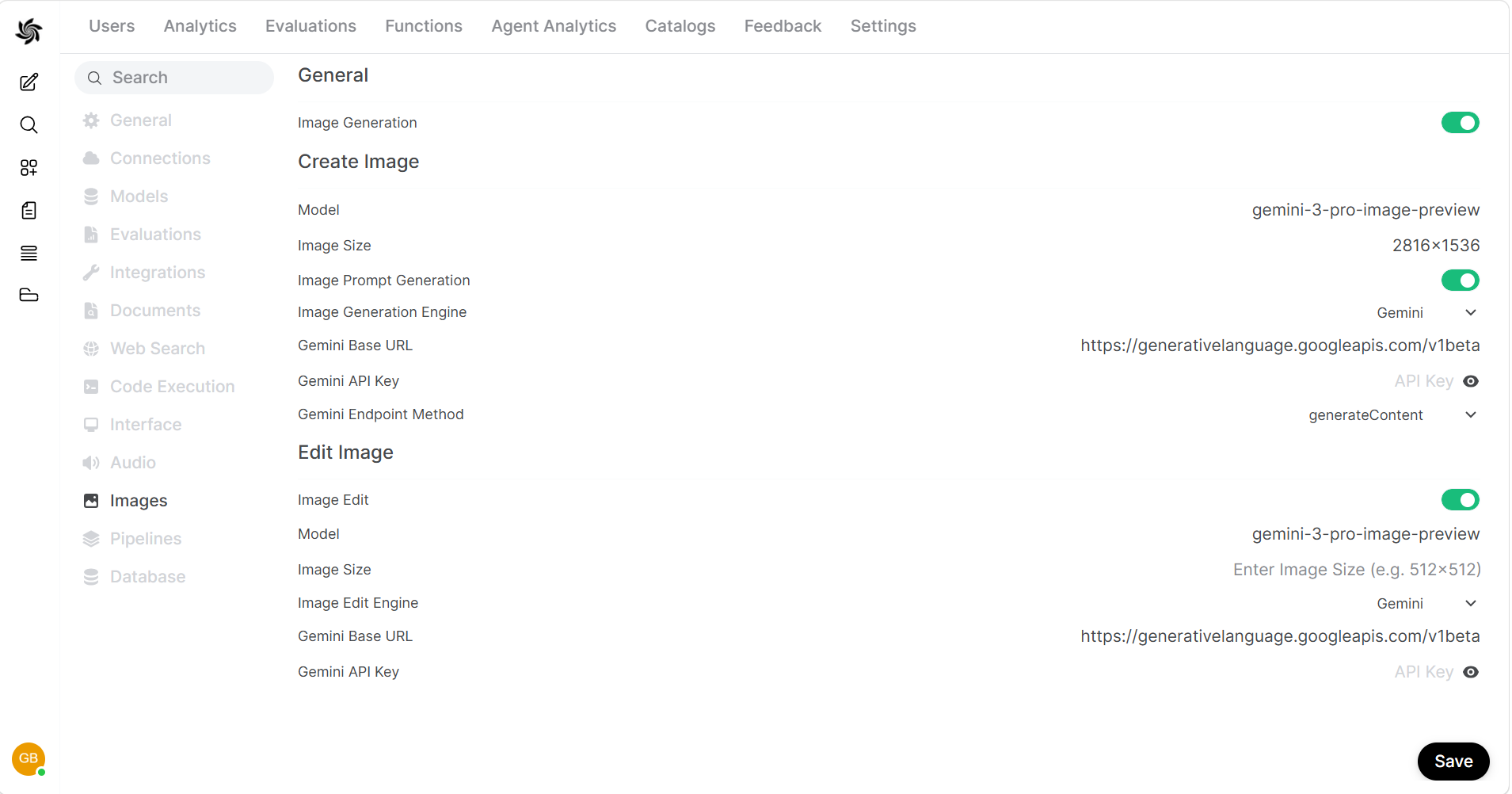 Screenshot of the HridaAI Images settings page with Gemini selected and the API key, model, and image size fields highlighted.