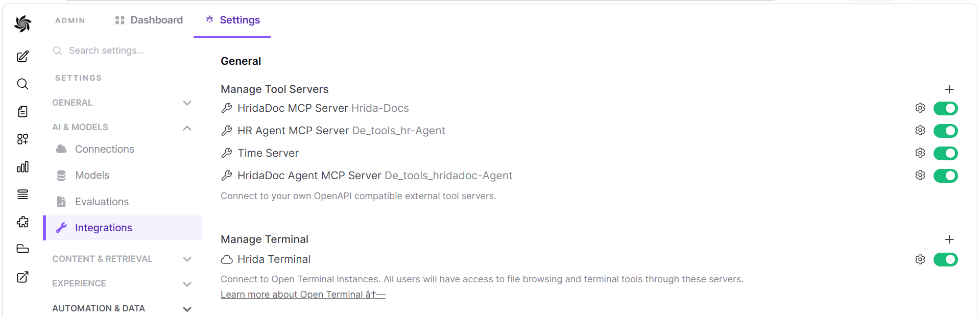 The Manage Terminal section under Integrations