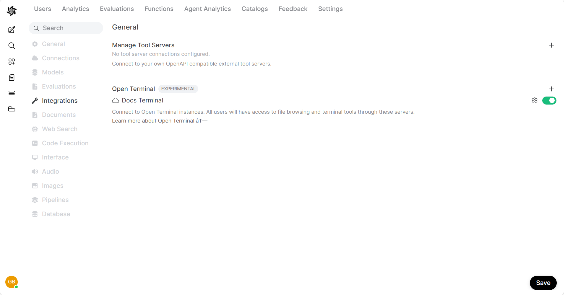 The Hrida Terminal section under Integrations