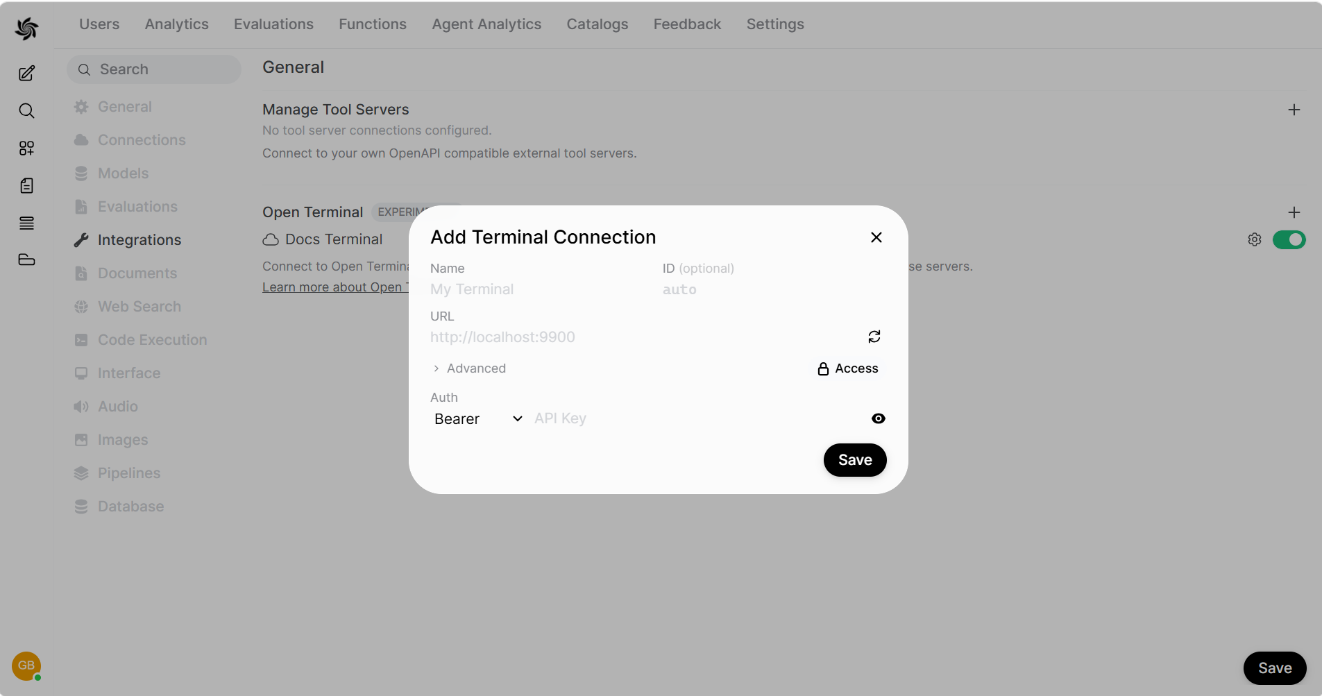 Connection form filled in with URL and API key