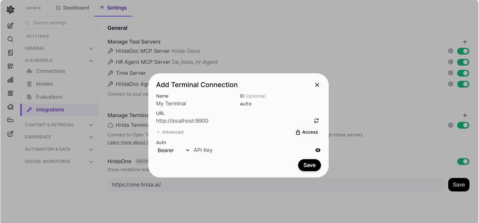 Connection form filled in with URL and API key