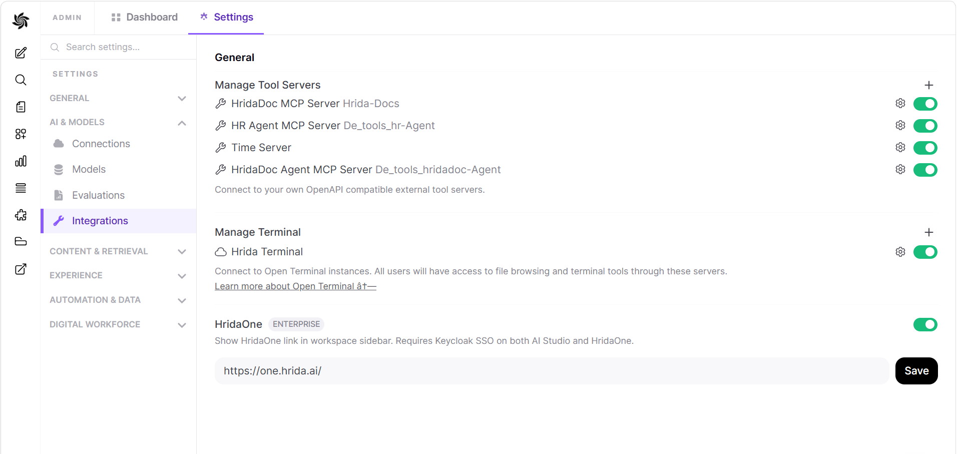 Admin Panel — Settings → Integrations
