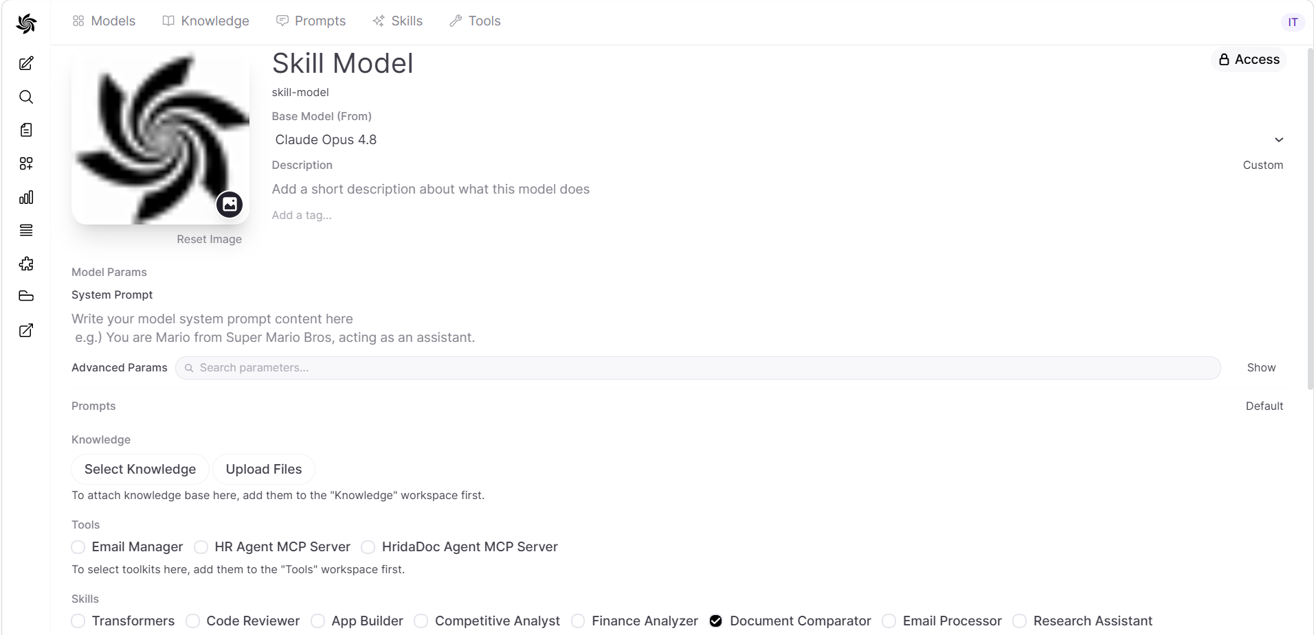 Model edit page with a skill attached and selected in the Skills section