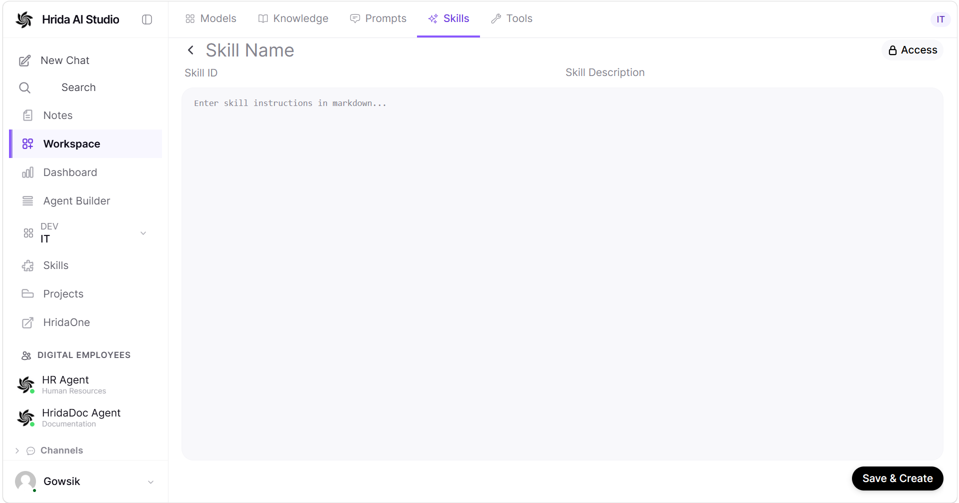 Skill creation form with Skill Name, Skill ID, and Skill Description fields