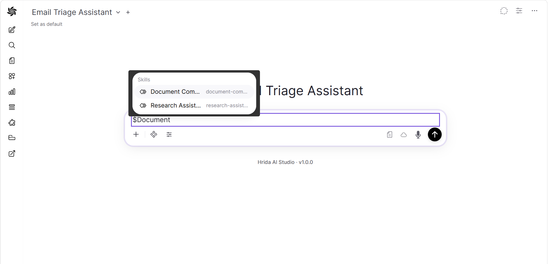 Mentioning a skill in chat with the $ command, showing the skill picker dropdown