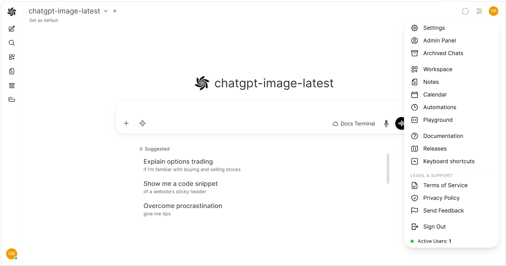 User menu showing Admin Panel option