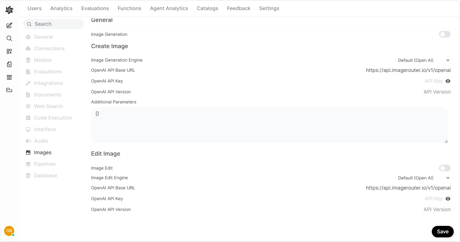 Screenshot of the HridaAI Images settings page with Open AI selected and the API endpoint URL, API key, and model fields highlighted for Image Router configuration.