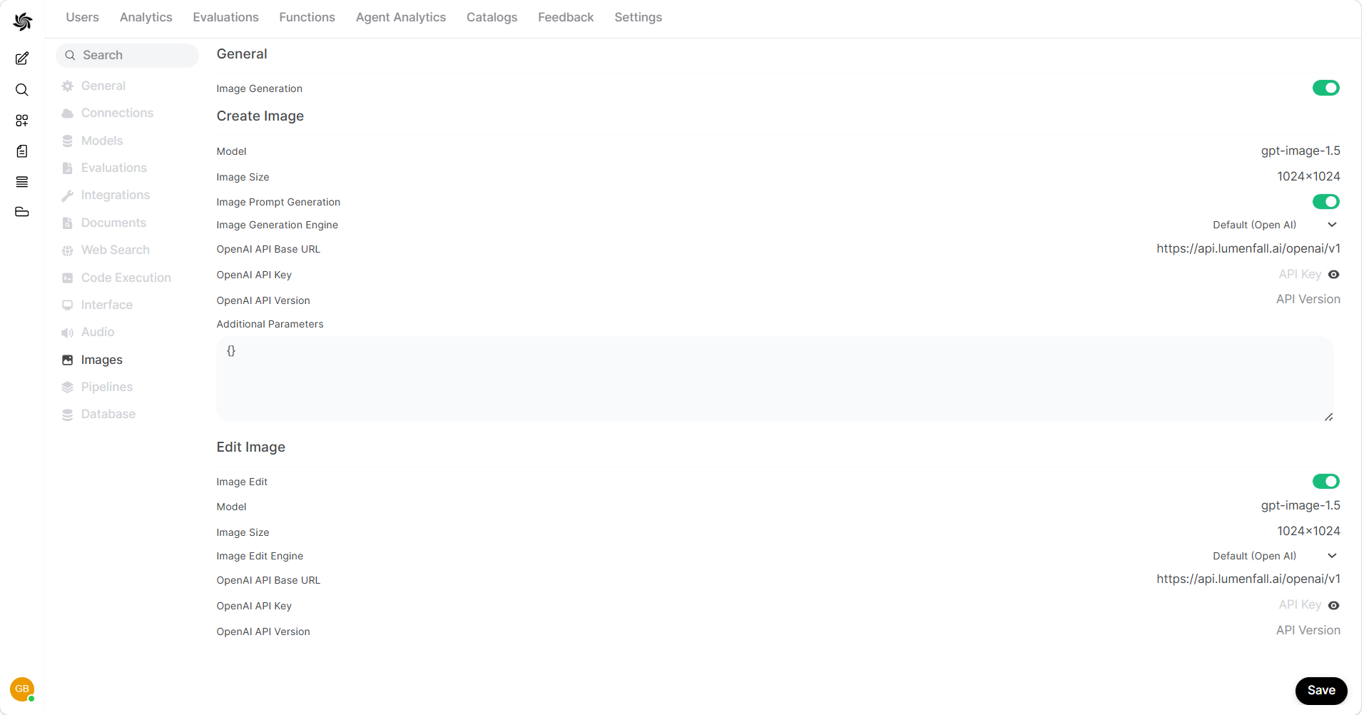 Screenshot of the HridaAI Images settings page configured with Lumenfall.