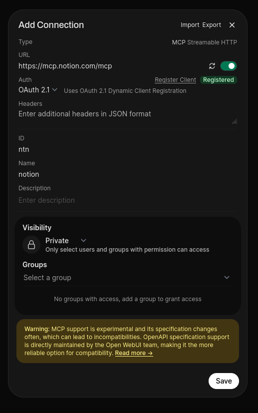 External Tools modal with the Notion MCP configuration imported.
