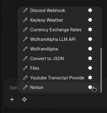 Chat input bar with Notion tool toggled on.