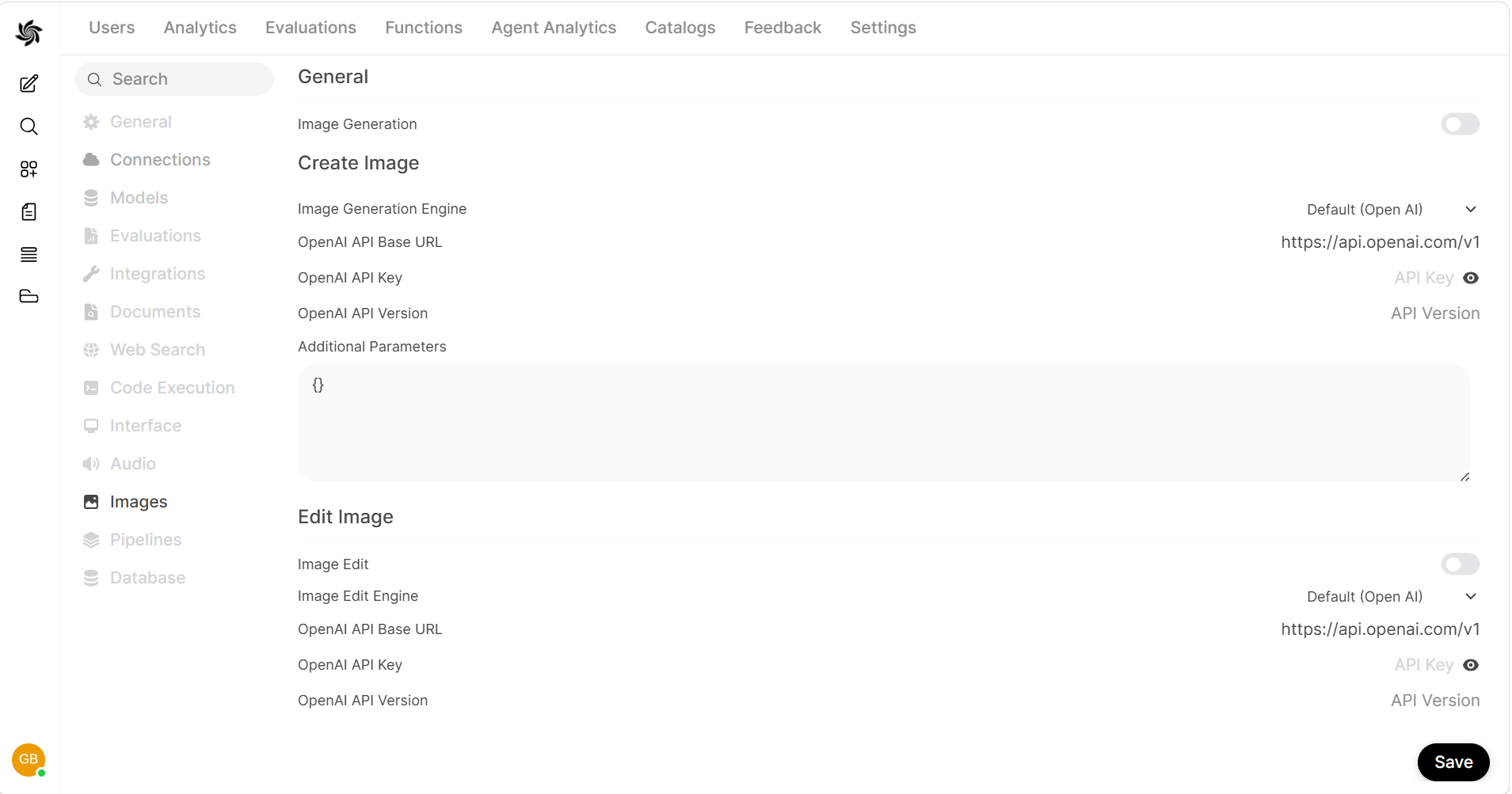 Screenshot of the HridaAI Images settings page with Open AI selected and the API key, model, and image size fields highlighted.