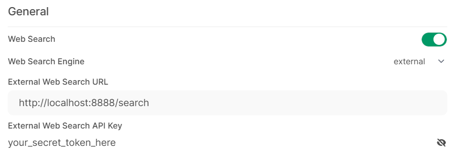 HridaAI Admin panel showing External Search config