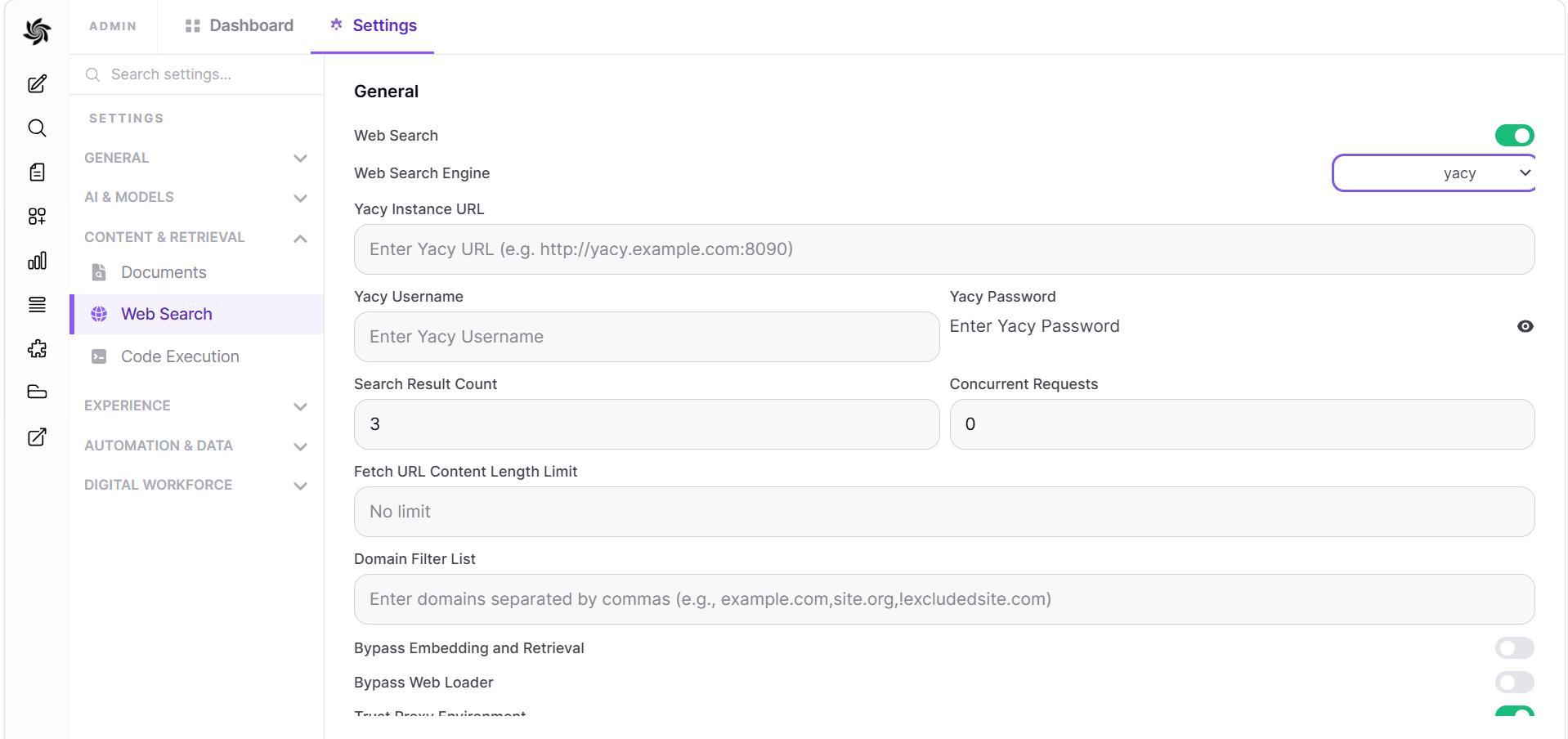 Hrida.ai Admin panel showing Yacy config
