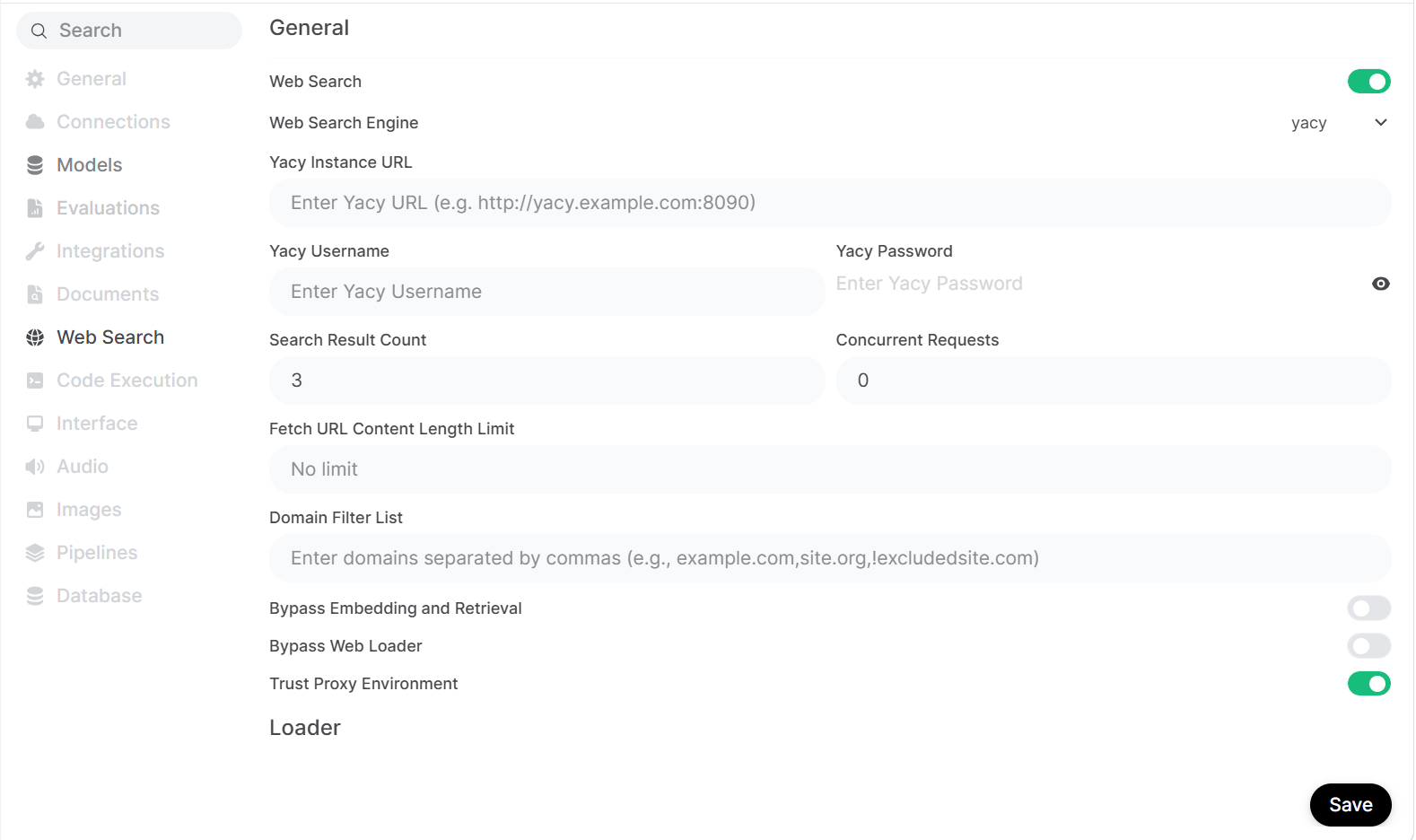 HridaAI Admin panel showing Yacy config